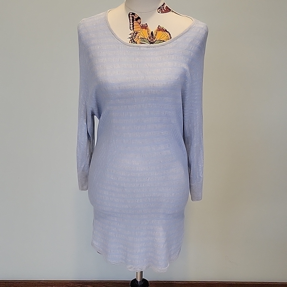 Dana BUCHMAN blue striped tunic sweater, 3/4 length sleeves. Size is Large